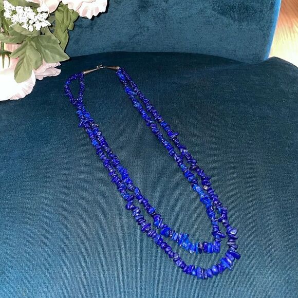 Jewelry - Native American Double Strand Lapis with Stamped Sterling Clasp